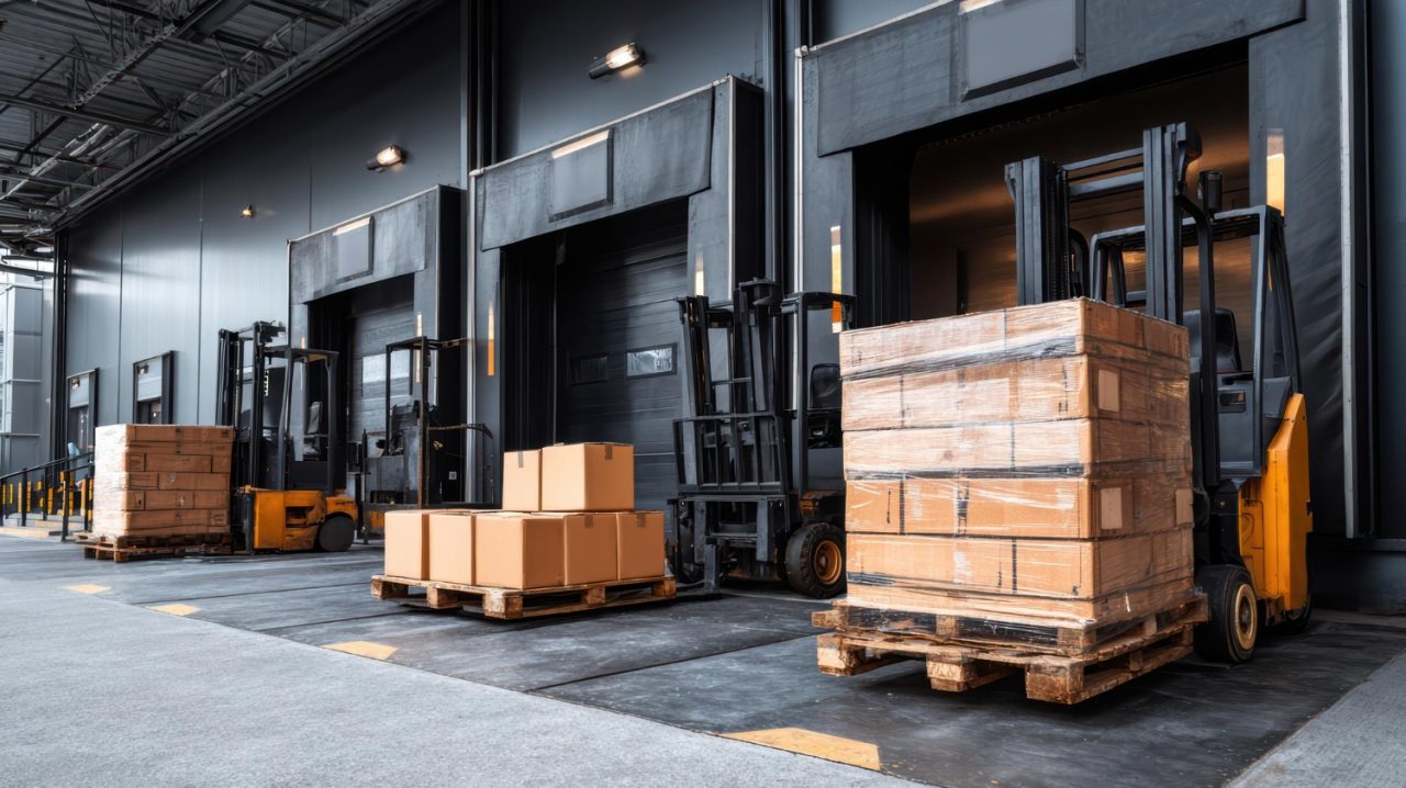 Quais de chargement d'un centre de distribution avec palettes et chariot élévateur