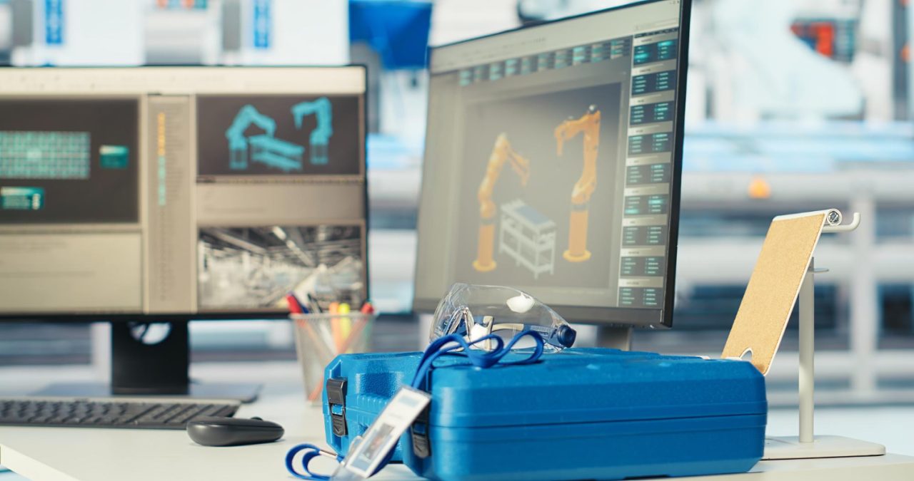 Postes de conception industrielle affichant des modèles 3D dans une usine